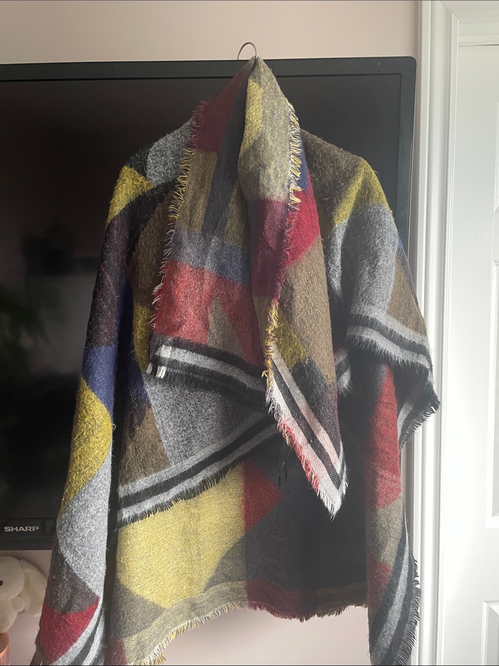Zara Multicolor Plaid Fringe Wrap Cape with Red, Yellow & Blue